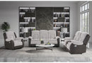 U4377 GREY/BROWN RECLINING SOFA WITH DROP DOWN TABLE/CONSOLE RECLINING LOVESEAT/GLIDER RECLINER