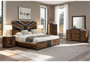 OPTIMUS BROWN/BLACK QUEEN BED, DRESSER, MIRROR AND NIGHTSTAND